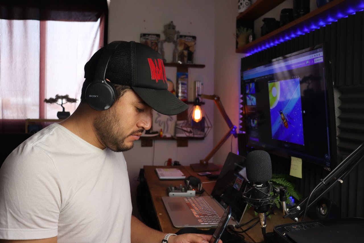 Man wearing headphones and cap, using music equipment in his home recording studio.